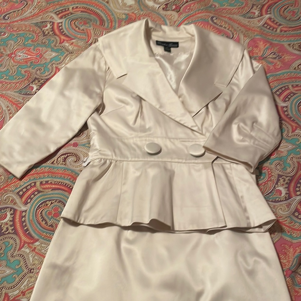 2 piece satin ivory suit.